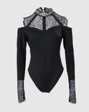 Body Gothique a Manches Longues en Dentelle Contrastee - Antre Gothique
