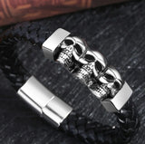 Bracelet Gothique en Cuir Tressé avec 3 Crânes