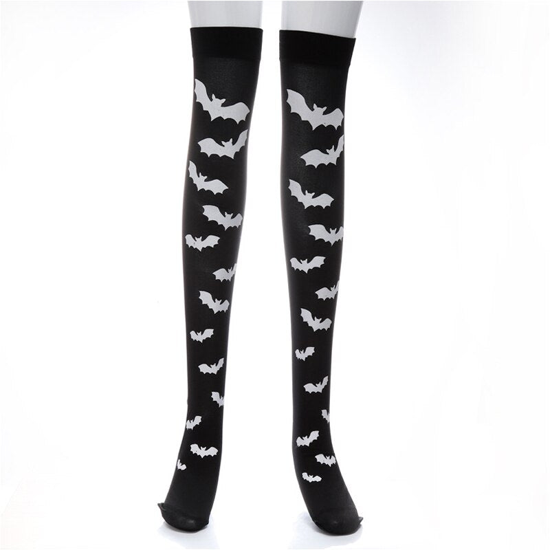 Chaussettes Hautes Gothiques Motif Os Et Ruban - Style Punk Lolita Pour Halloween Et Déguisement