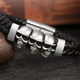 Bracelet Gothique en Cuir Tressé avec 3 Crânes - Antre Gothique