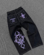 Jeans Gothique Hip Hop Retro avec Broderie Crâne - Antre Gothique