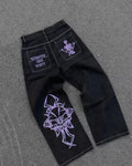 Jeans Gothique Hip Hop Retro avec Broderie Crâne - Antre Gothique