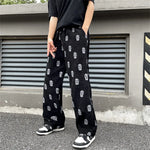 Pantalon Gothique Large en Velours avec Imprimé Crâne - Antre Gothique