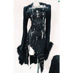 Robe Gothique avec Crâne à Manches Évasées et Perles - Antre Gothique