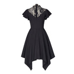 Robe Gothique Femme Manches Courtes à Volants Noir Dentelle