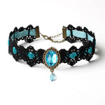 Collier Ras du Cou Gothique Vintage en Dentelle avec Pendentif en Verre