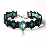 Collier Ras du Cou Gothique Vintage en Dentelle avec Pendentif en Verre