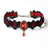 Collier Ras du Cou Gothique Vintage en Dentelle avec Pendentif en Verre