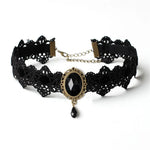 Collier Ras du Cou Gothique Vintage en Dentelle avec Pendentif en Verre
