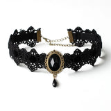 Collier Ras du Cou Gothique Vintage en Dentelle avec Pendentif en Verre