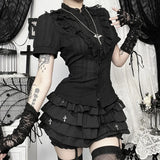 Chemisier gothique victorien noir en dentelle à taille cintrée