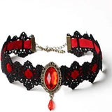 Collier Ras du Cou Gothique Vintage en Dentelle avec Pendentif en Verre