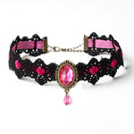 Collier Ras du Cou Gothique Vintage en Dentelle avec Pendentif en Verre