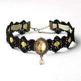 Collier Ras du Cou Gothique Vintage en Dentelle avec Pendentif en Verre