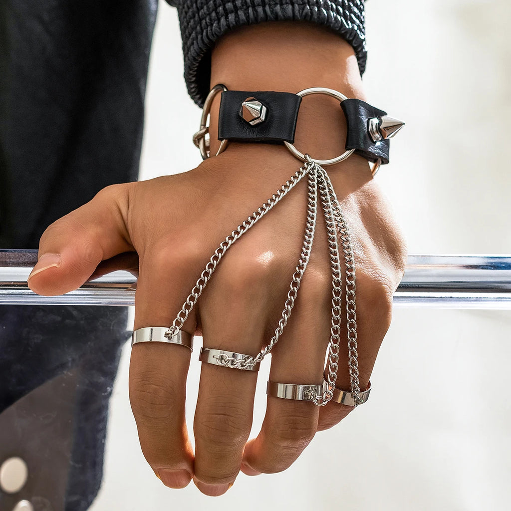 Set Bijoux Punk – Bracelet Chaîne Avec Bague Doigt – Style Gothique Or Ou Argent - 8