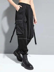 Pantalon Cargo Gothique Noir à Coutures Contrastées