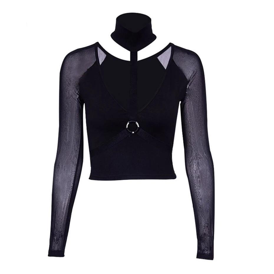 Haut court gothique Punk à manches évasées pour femmes, tenue de soirée Rave, Cosplay, maille transparente, col montant, à lacets 200000345 Haut court gothique Punk à manches évasées pour femmes, tenue de soirée Rave, Cosplay, maille transparente, col montant, à lacets 200000345