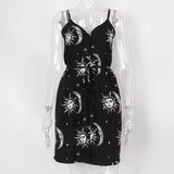Gothic-Kleid<br> Schwarz bedruckte Sonne und Mond
